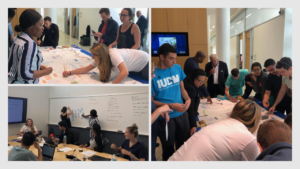 Set of three photos of medical students working together in a design thinking sessions, students are gathered around tables and a white board and are drawing and using sticky notes 