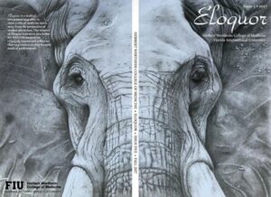 The front and back covers of the 2017 issue of Eloquor featuring an up-close photograph of an elephant that spans both covers