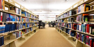 Bookshelves at the Roseman Library