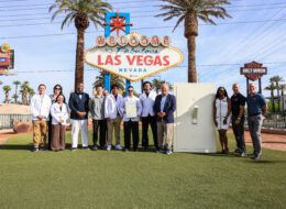 Roseman University students at the Welcome to Las Vegas sign.